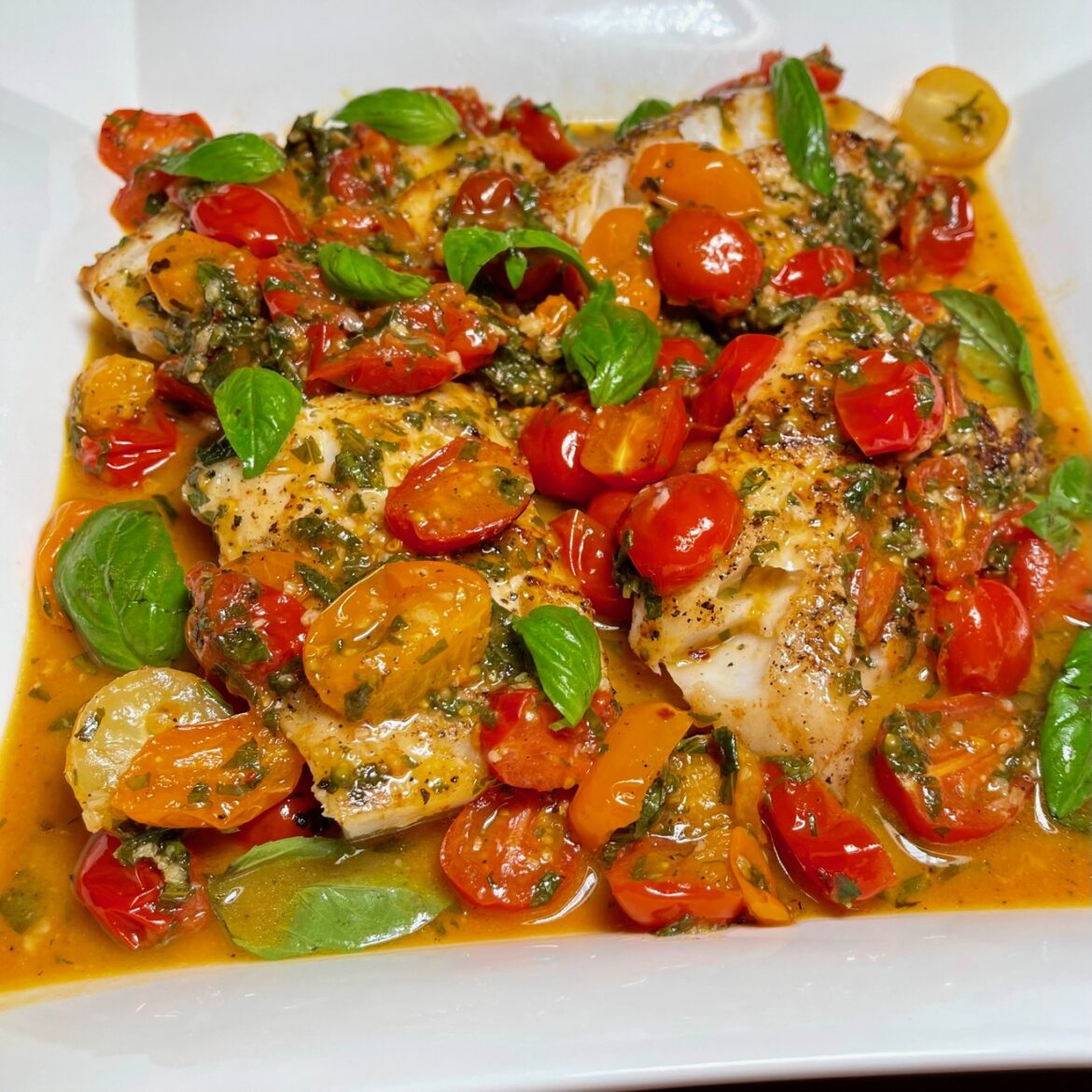 PanSeared Cod in White Wine Tomato Basil Sauce (by Baker by Nature