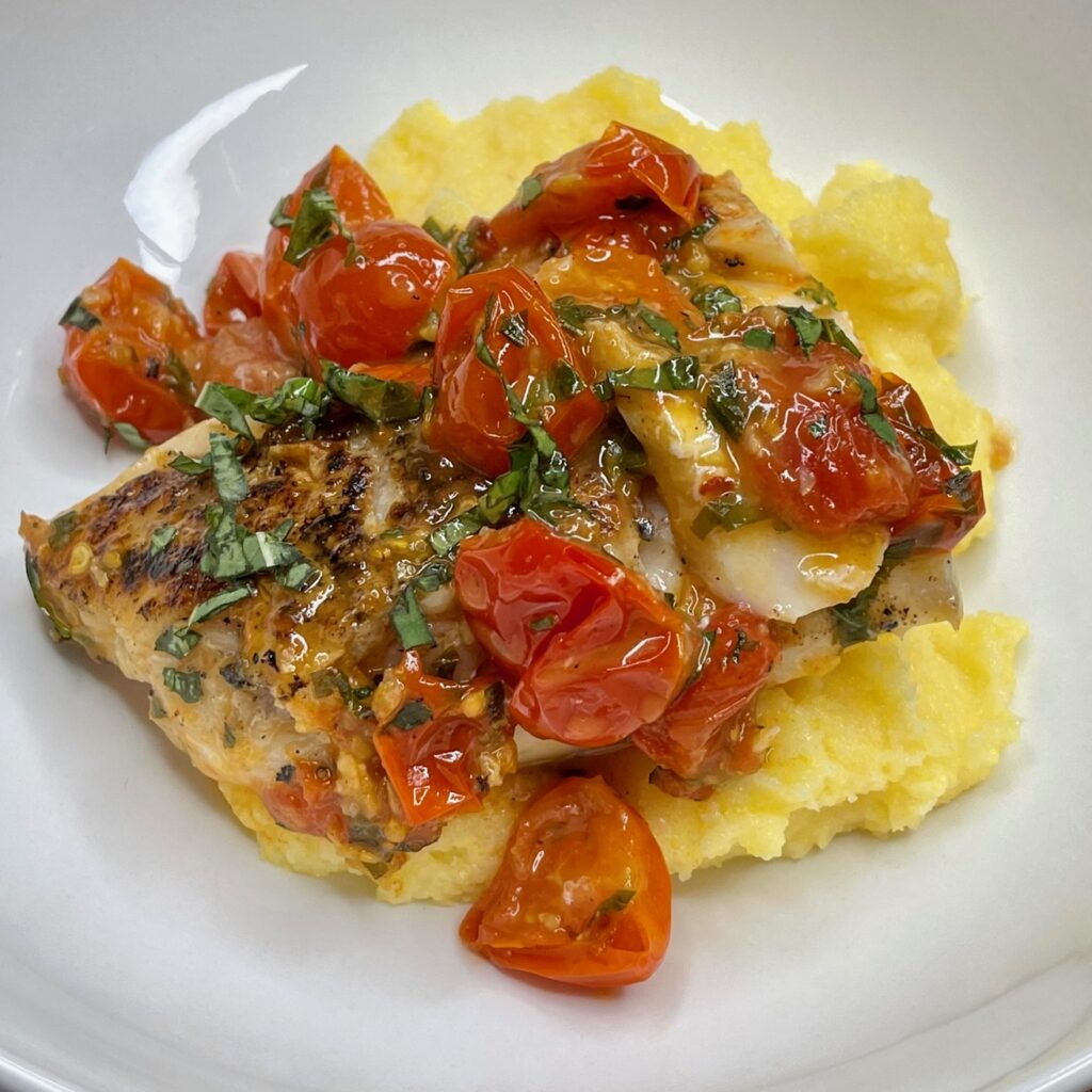 Pan Seared Cod in White Wine Tomato Basil Sauce by Baker by